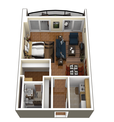 A 3D floor plan of a small apartment with a kitchen, living room, and bedroom.